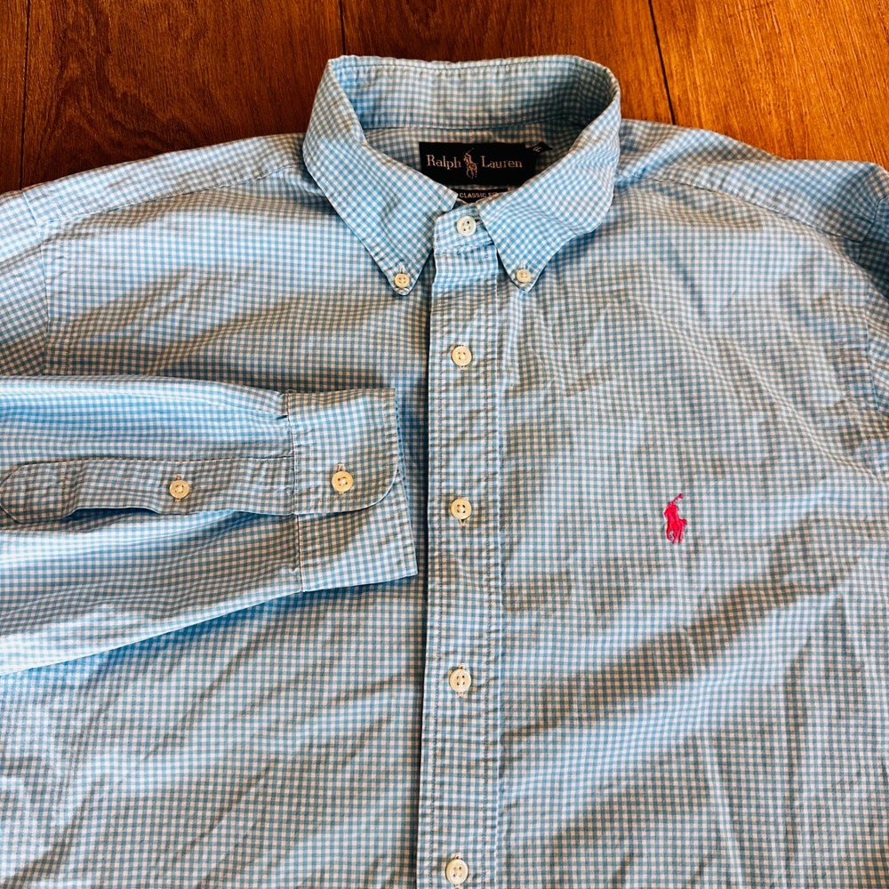 Ralph Lauren Mens Classic‎ Fit Gingham Button Down Shirt Blue White XL 17 Cotton